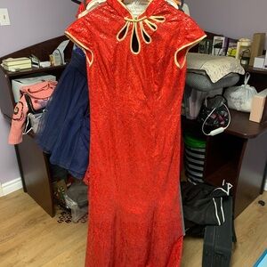 Red Sequin Qipao (Chinese dress) with Gold Accents